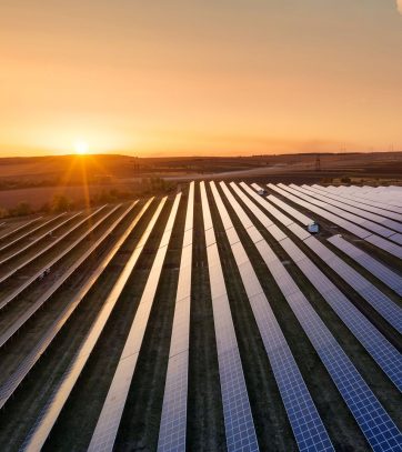 Aerial view on the solar panel. Technologies of renewable energy sources. View from air. Industrial landscape during sunset. Technologi - image